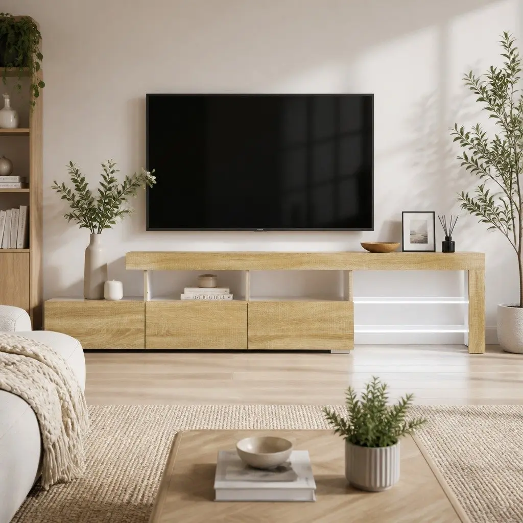 Entertainment Unit Pine Wood 215cm LED Customisable RGB Lighting Storage Display