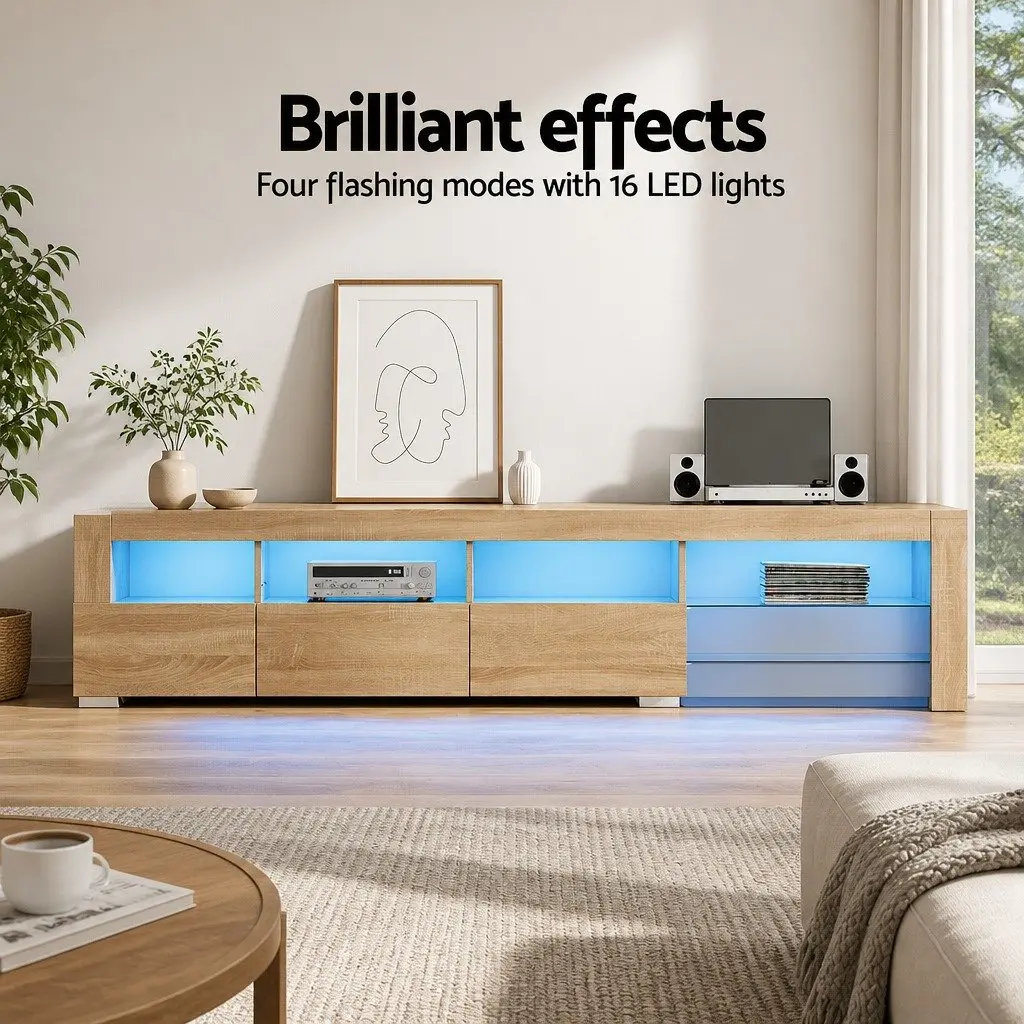 Entertainment Unit Pine Wood 215cm LED Customisable RGB Lighting Storage Display