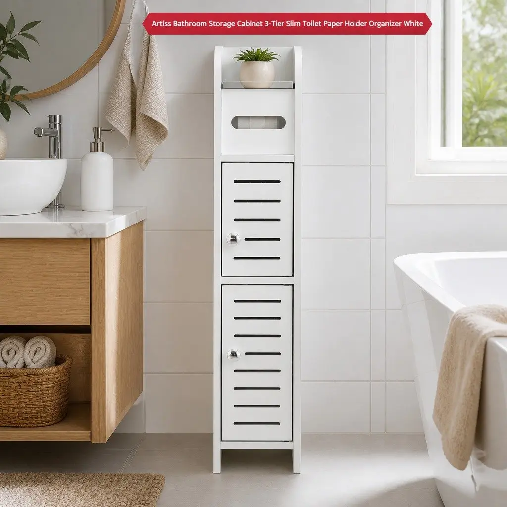 Bathroom Storage Cabinet White 3-Tier Slim Toilet Paper Holder Organizer