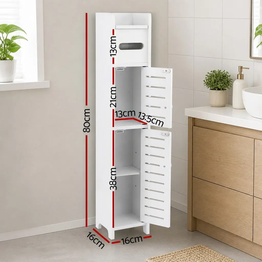Bathroom Storage Cabinet White 3-Tier Slim Unit with Adjustable Shelf and Integrated Toilet Paper Holder
