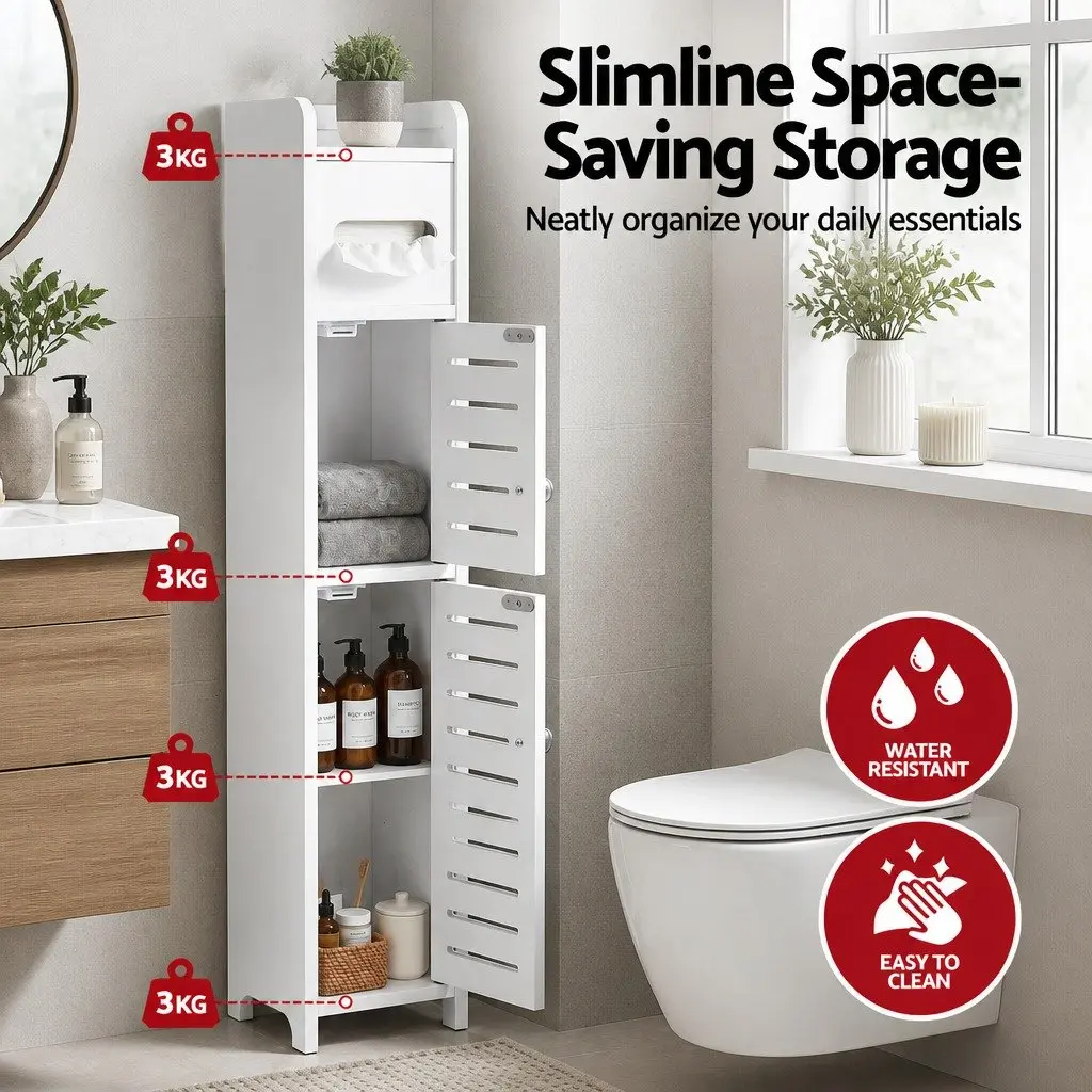 Bathroom Storage Cabinet White 3-Tier Slim Unit with Adjustable Shelf and Integrated Toilet Paper Holder
