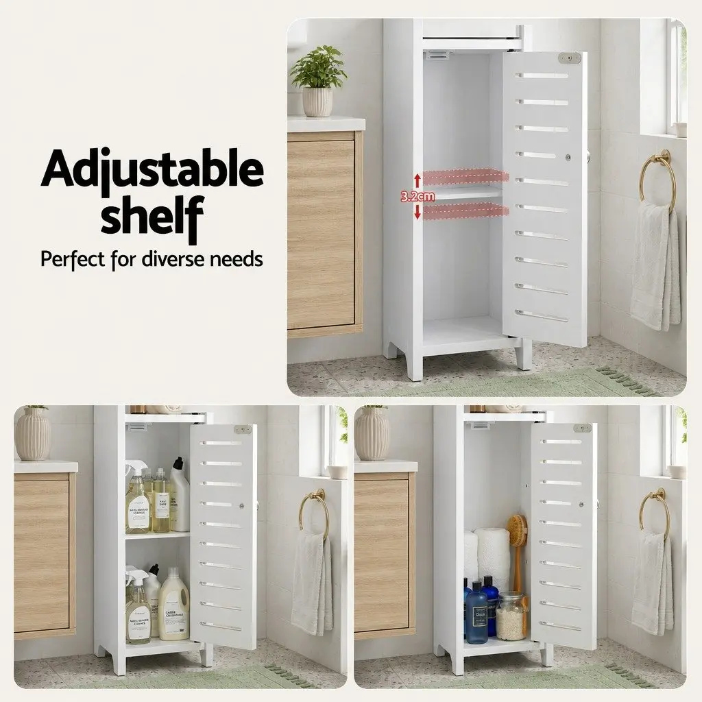 Bathroom Storage Cabinet White 3-Tier Slim Unit with Adjustable Shelf and Integrated Toilet Paper Holder