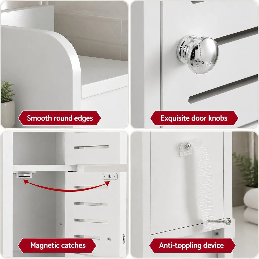 Bathroom Storage Cabinet White 3-Tier Slim Unit with Adjustable Shelf and Integrated Toilet Paper Holder