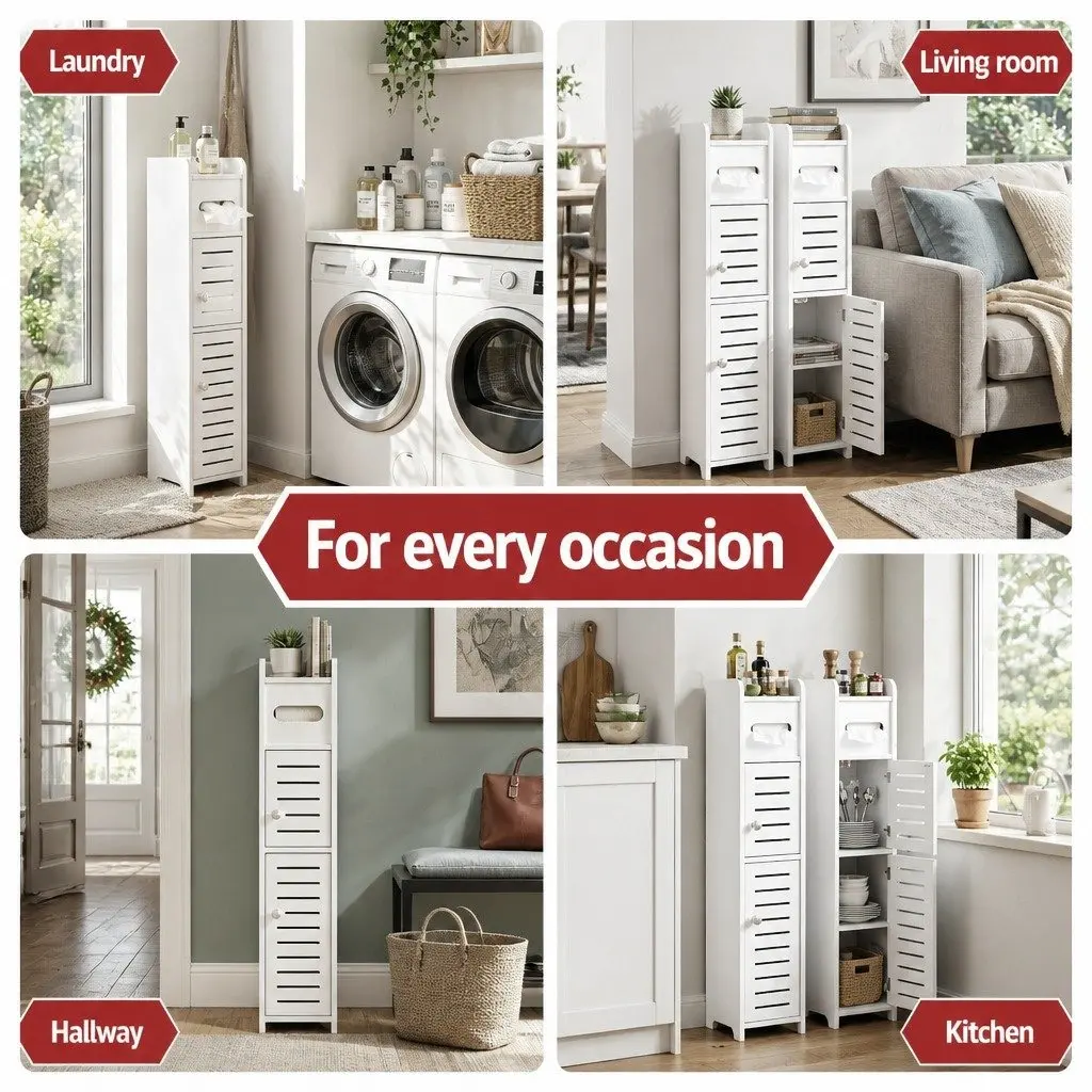 Bathroom Storage Cabinet White 3-Tier Slim Unit with Adjustable Shelf and Integrated Toilet Paper Holder