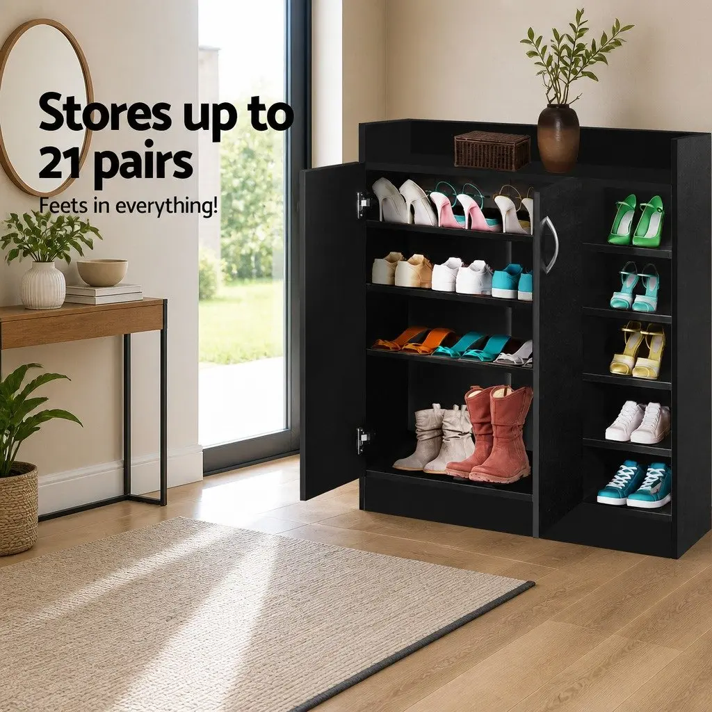 Shoe Rack Cabinet 21 Pairs Storage Black Contemporary Design Adjustable Shelves