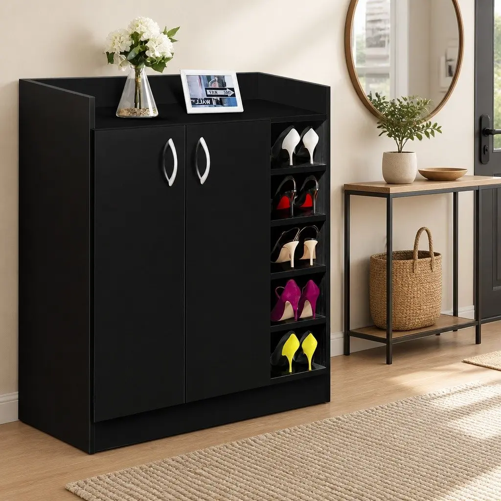 Shoe Rack Cabinet 21 Pairs Storage Black Contemporary Design Adjustable Shelves