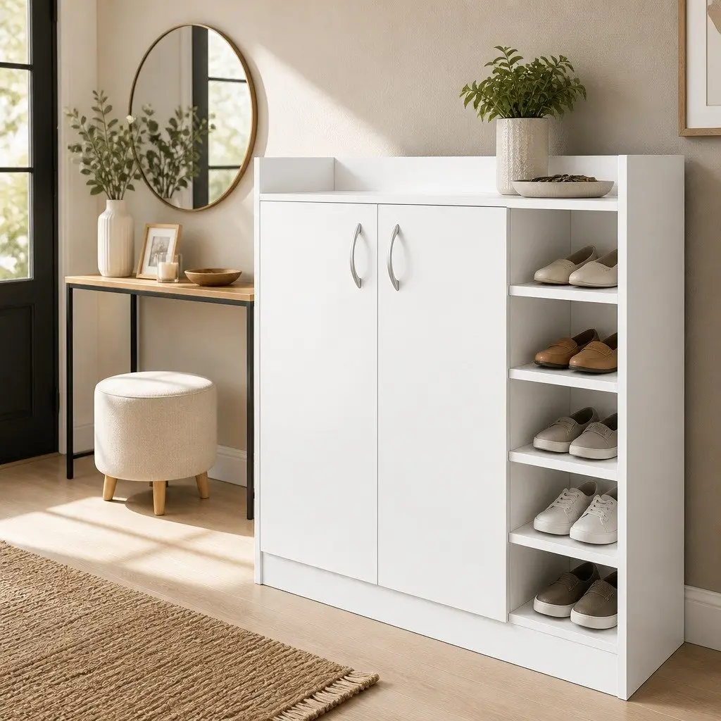 White Shoe Rack Cabinet with Adjustable Shelves