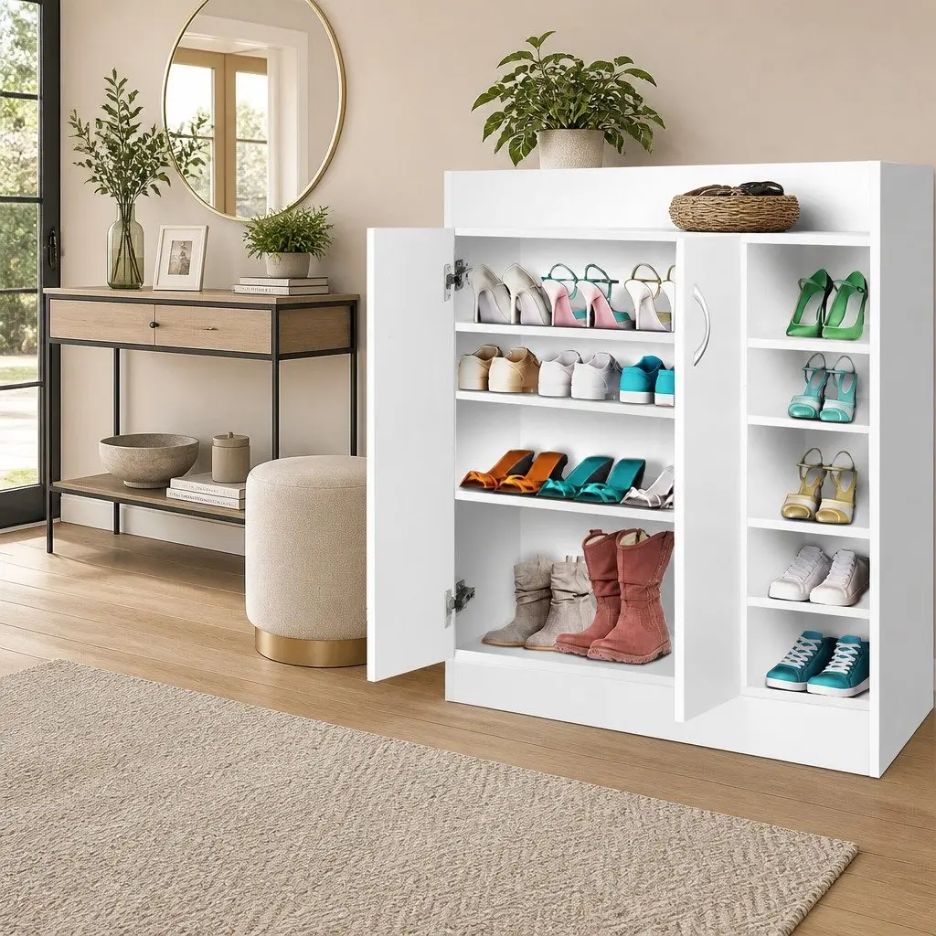 White Shoe Rack Cabinet with Adjustable Shelves