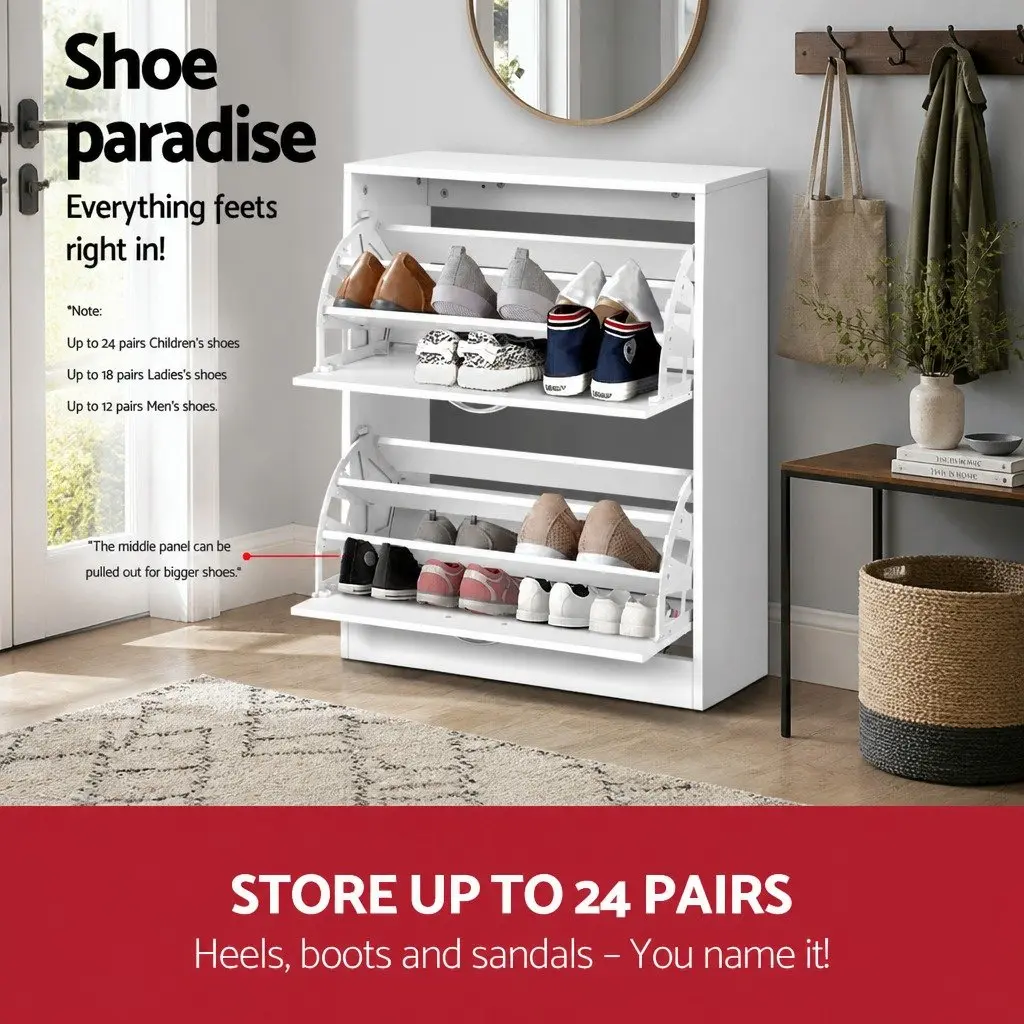 Shoe Rack Cabinet White Storage Organiser 24 Pairs Adjustable Shelves Living