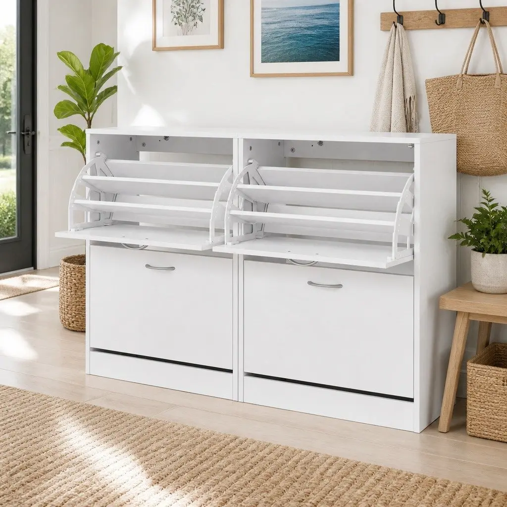 Shoe Cabinet Storage Organiser 2 Flip Drawer White 63x29x84cm Adjustable Shelves