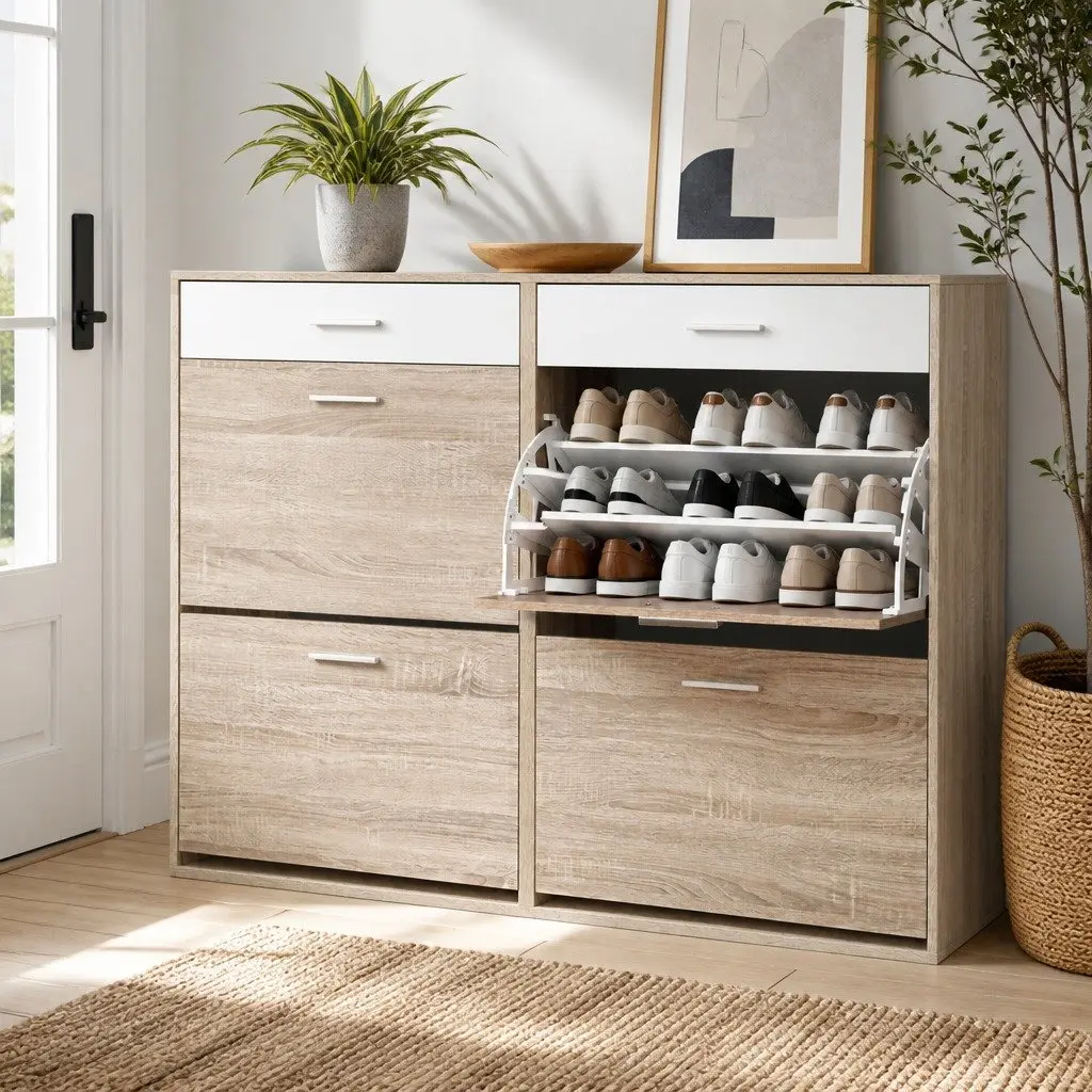 Shoe Storage Cabinet Wood and White Adjustable Shelves 36 Pairs Organized Footwear