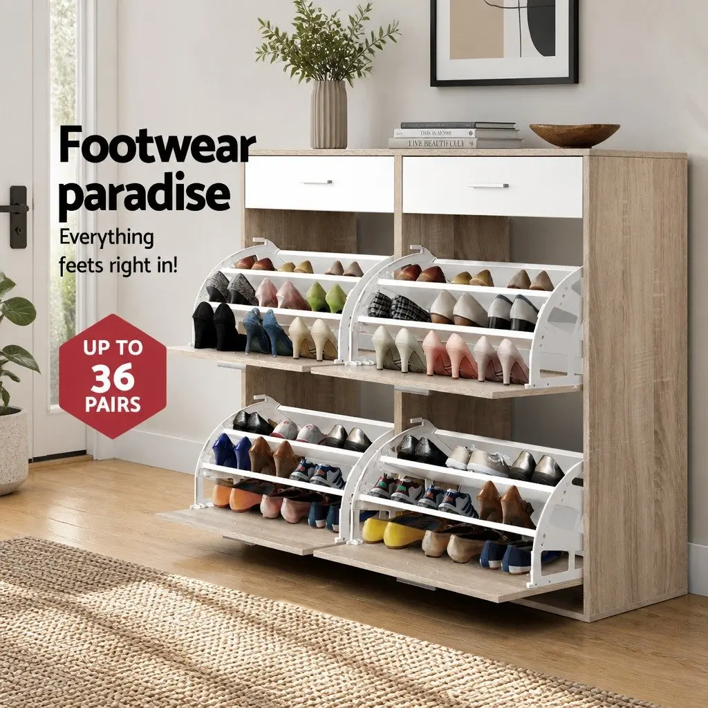 Shoe Storage Cabinet Wood and White Adjustable Shelves 36 Pairs Organized Footwear