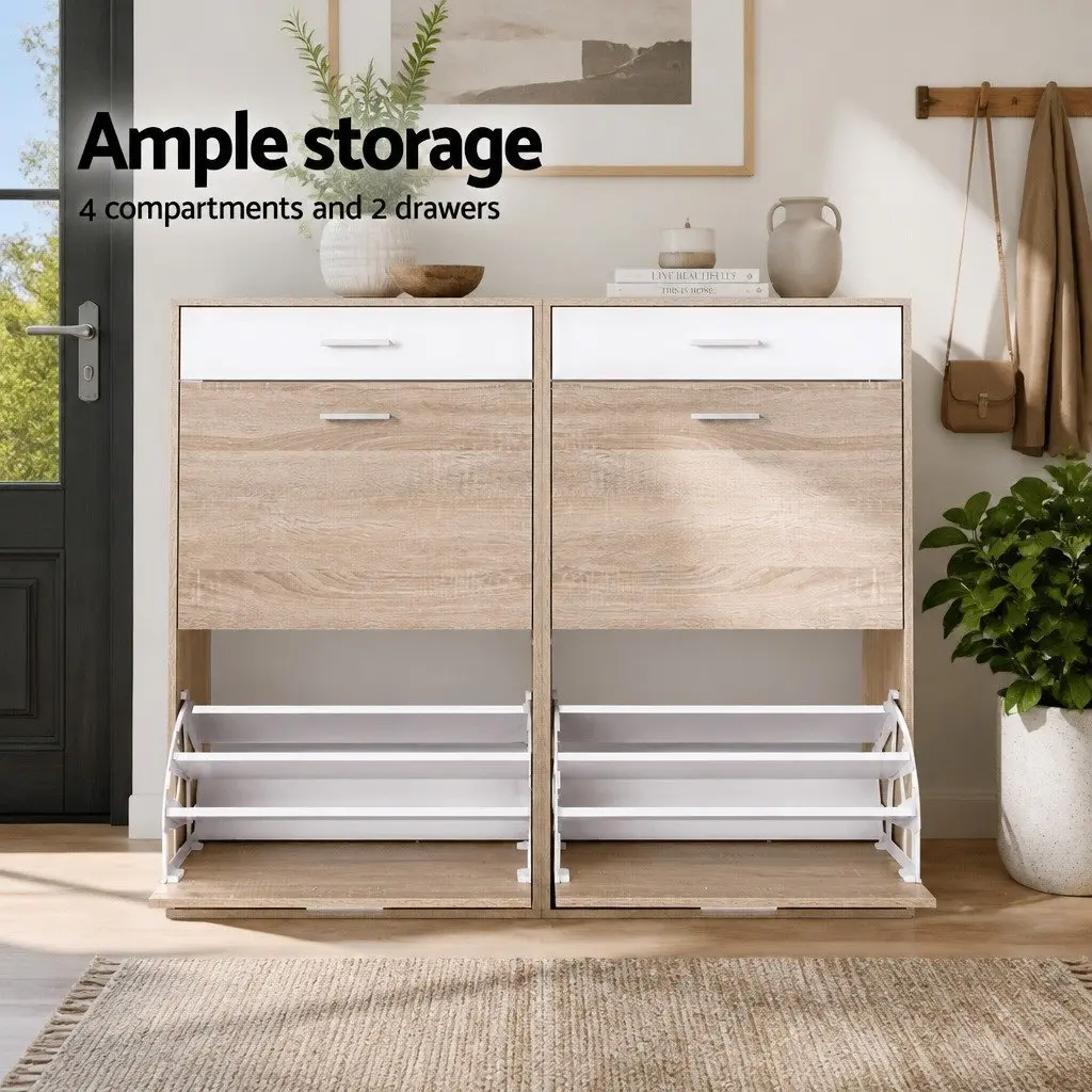 Shoe Storage Cabinet Wood and White Adjustable Shelves 36 Pairs Organized Footwear
