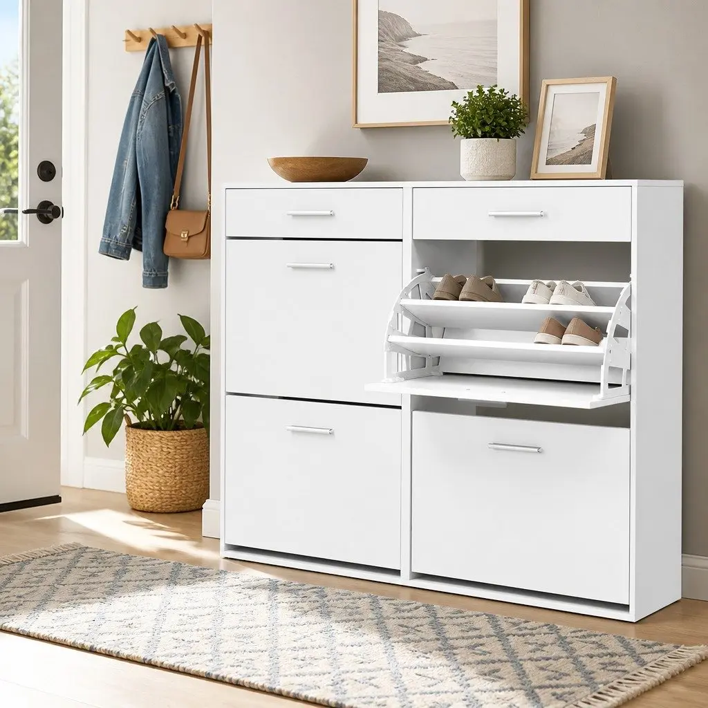 Shoe Rack Cabinet 36 Pairs Storage White Adjustable Shelves Compartments Drawers