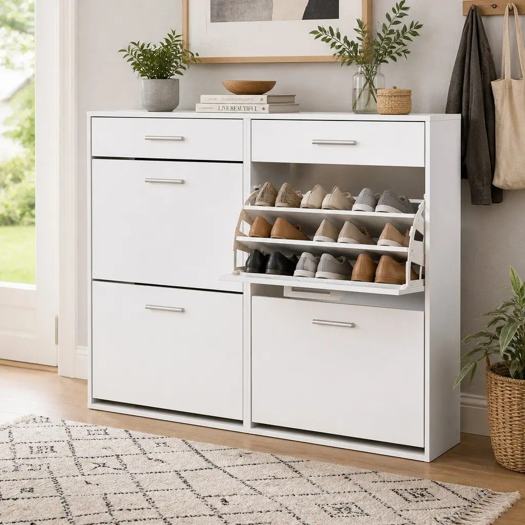Shoe Rack Cabinet 36 Pairs Storage White Adjustable Shelves Compartments Drawers