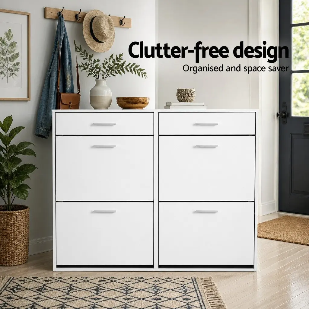 Shoe Rack Cabinet 36 Pairs Storage White Adjustable Shelves Compartments Drawers