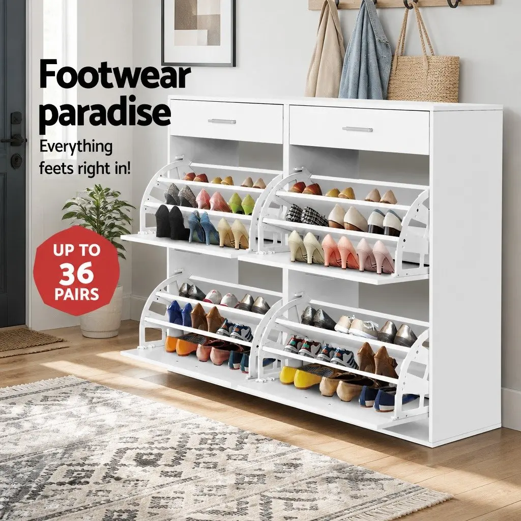 Shoe Rack Cabinet 36 Pairs Storage White Adjustable Shelves Compartments Drawers