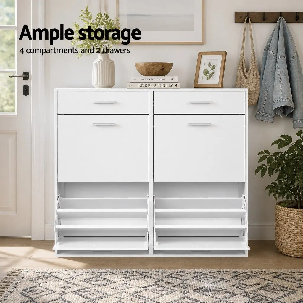 Shoe Rack Cabinet 36 Pairs Storage White Adjustable Shelves Compartments Drawers