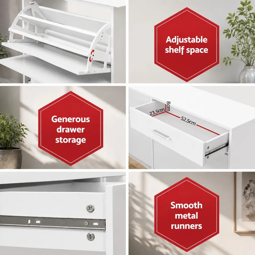 Shoe Rack Cabinet 36 Pairs Storage White Adjustable Shelves Compartments Drawers
