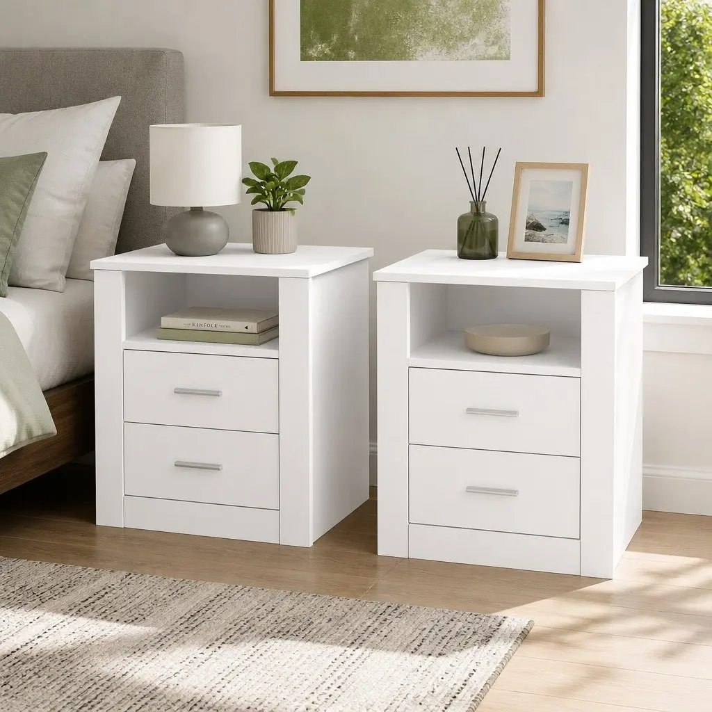Bedside Table 2 Drawers Open Shelf White Modern Storage Nightstand Bedroom