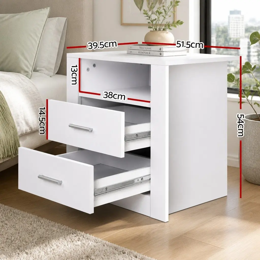 Bedside Table 2 Drawers Open Shelf White Modern Storage Nightstand Bedroom