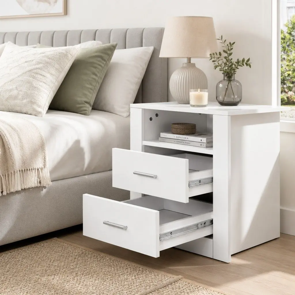 Bedside Table 2 Drawers Open Shelf White Modern Storage Nightstand Bedroom