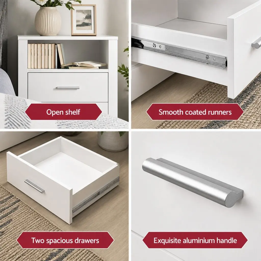 Bedside Table 2 Drawers Open Shelf White Modern Storage Nightstand Bedroom