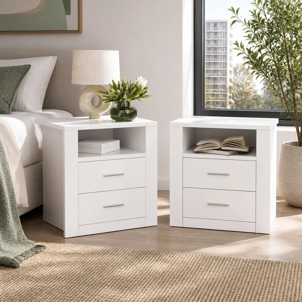 Bedside Table 2 Drawers Open Shelf White Modern Storage Nightstand Bedroom