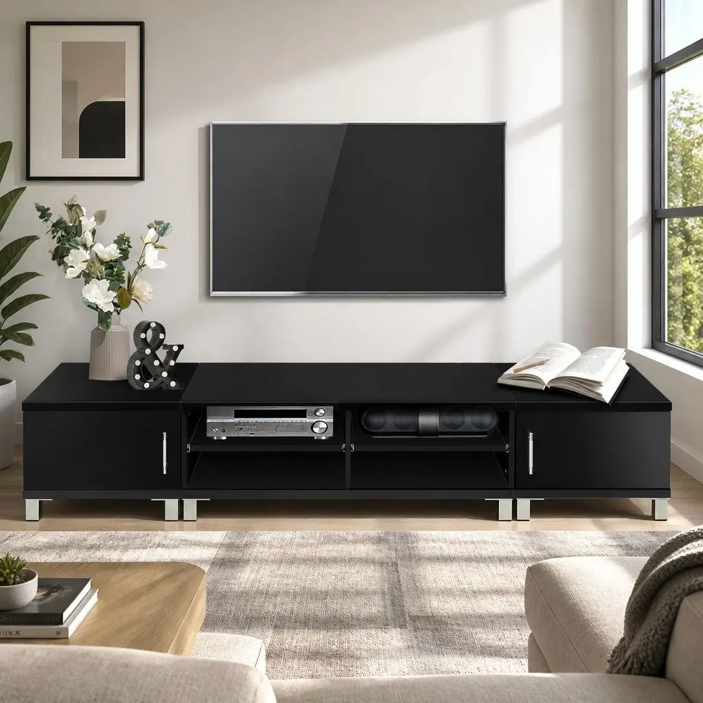 TV Cabinet Entertainment Unit 190cm Black Storage Stand Contemporary Design