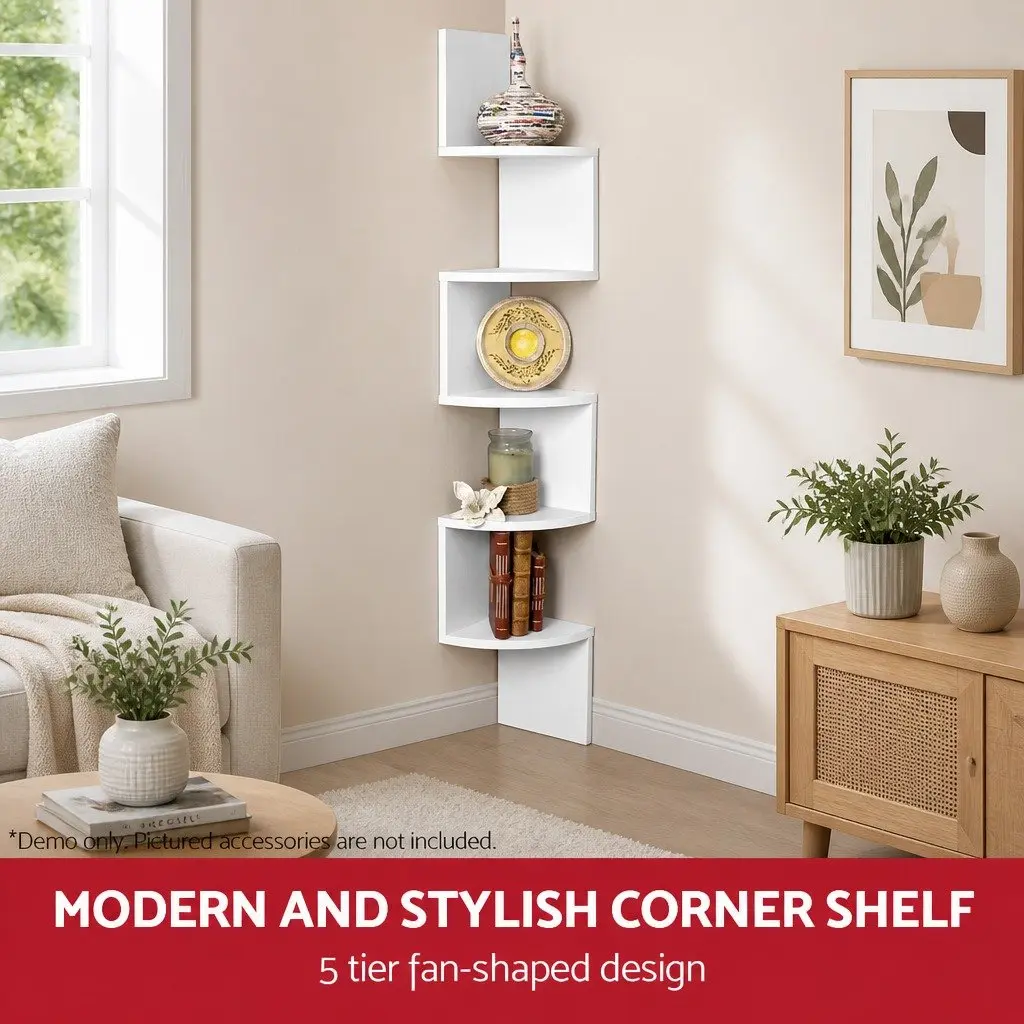 Corner Floating Shelf White 5-Tier Space Saving Storage Display Unit