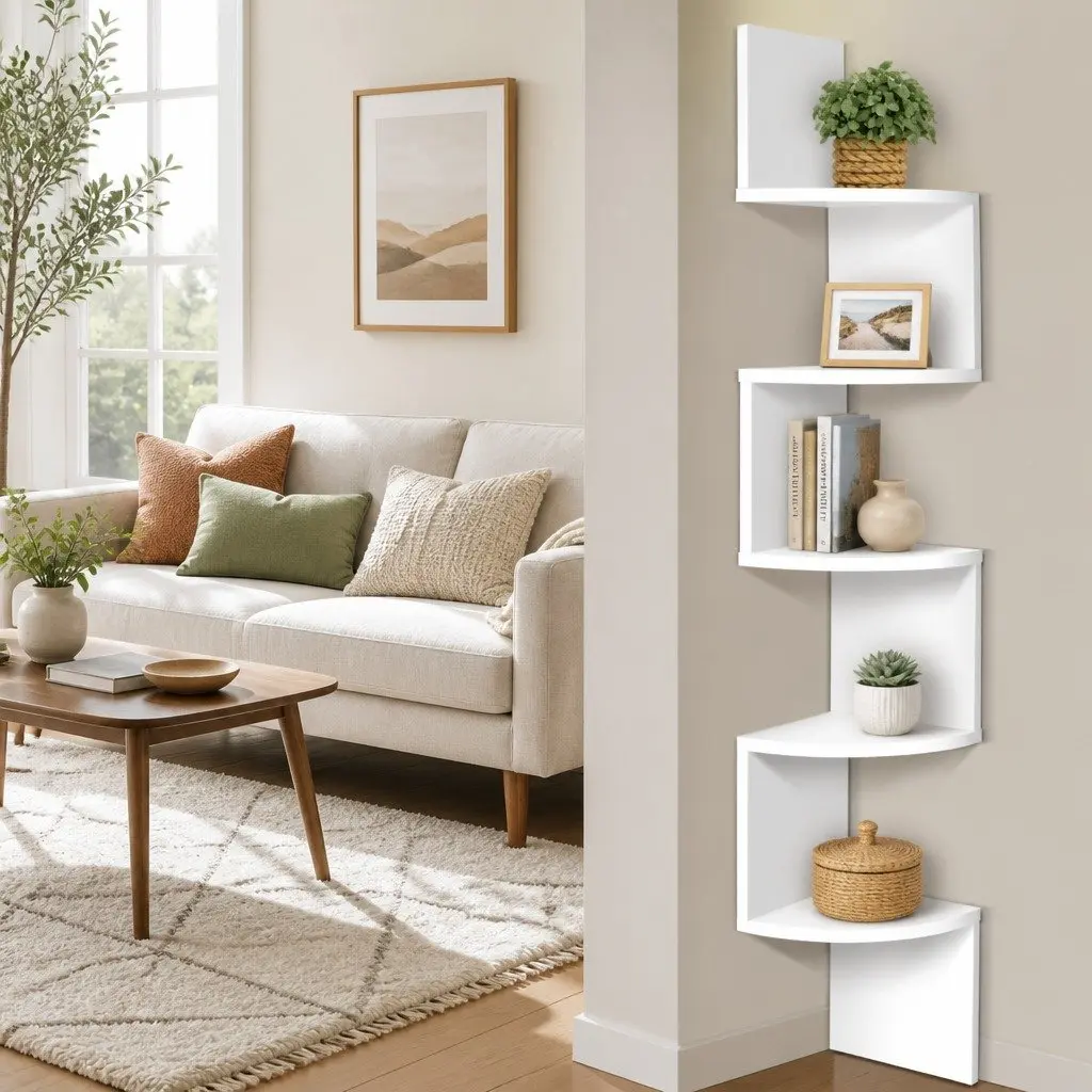 Corner Floating Shelf White 5-Tier Space Saving Storage Display Unit