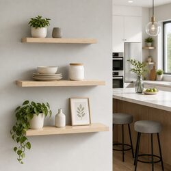Floating Wall Shelf Set of 3 Oak Display Storage Shelves for Home Office Living