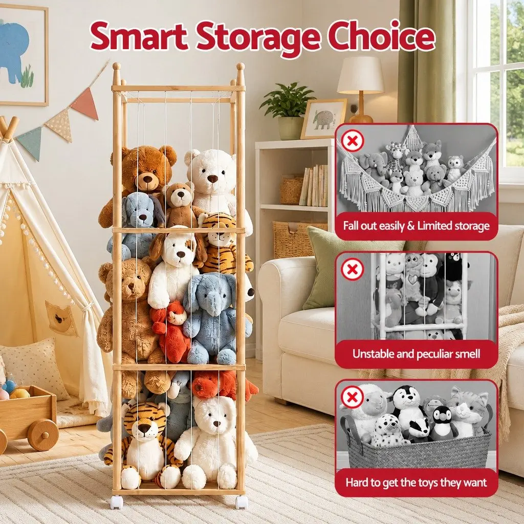 Stuffed Animal Storage Tower with Wheels Wooden Toy Organizer Vertical Design