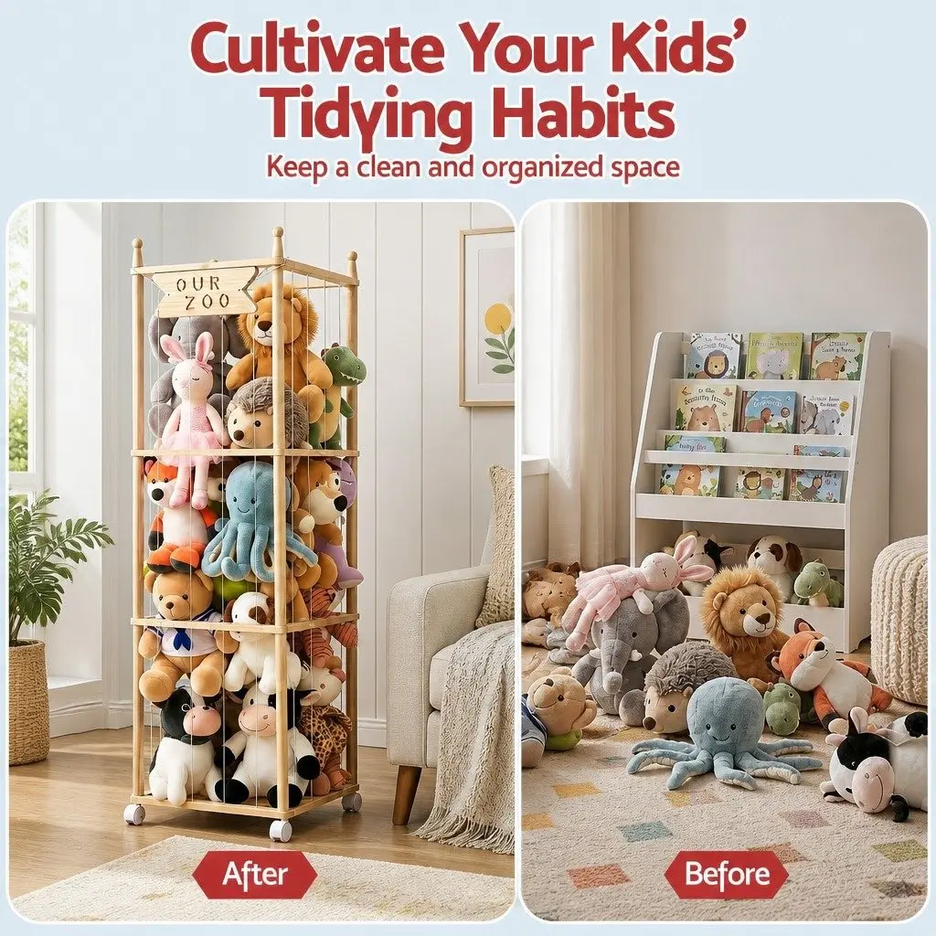 Stuffed Animal Storage Tower with Wheels Wooden Toy Organizer Vertical Design