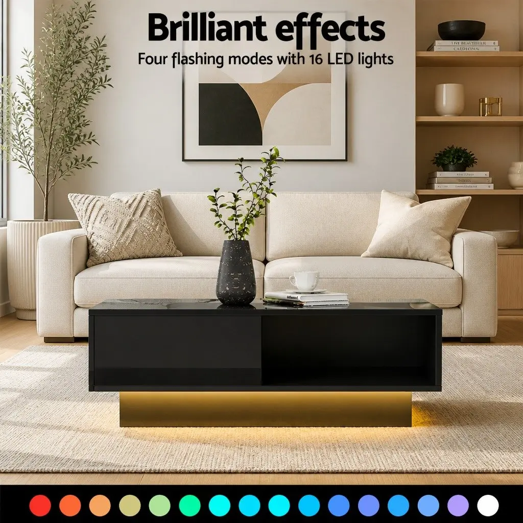 Coffee Table Black 95cm LED Lighting with Remote Control and Storage Drawer