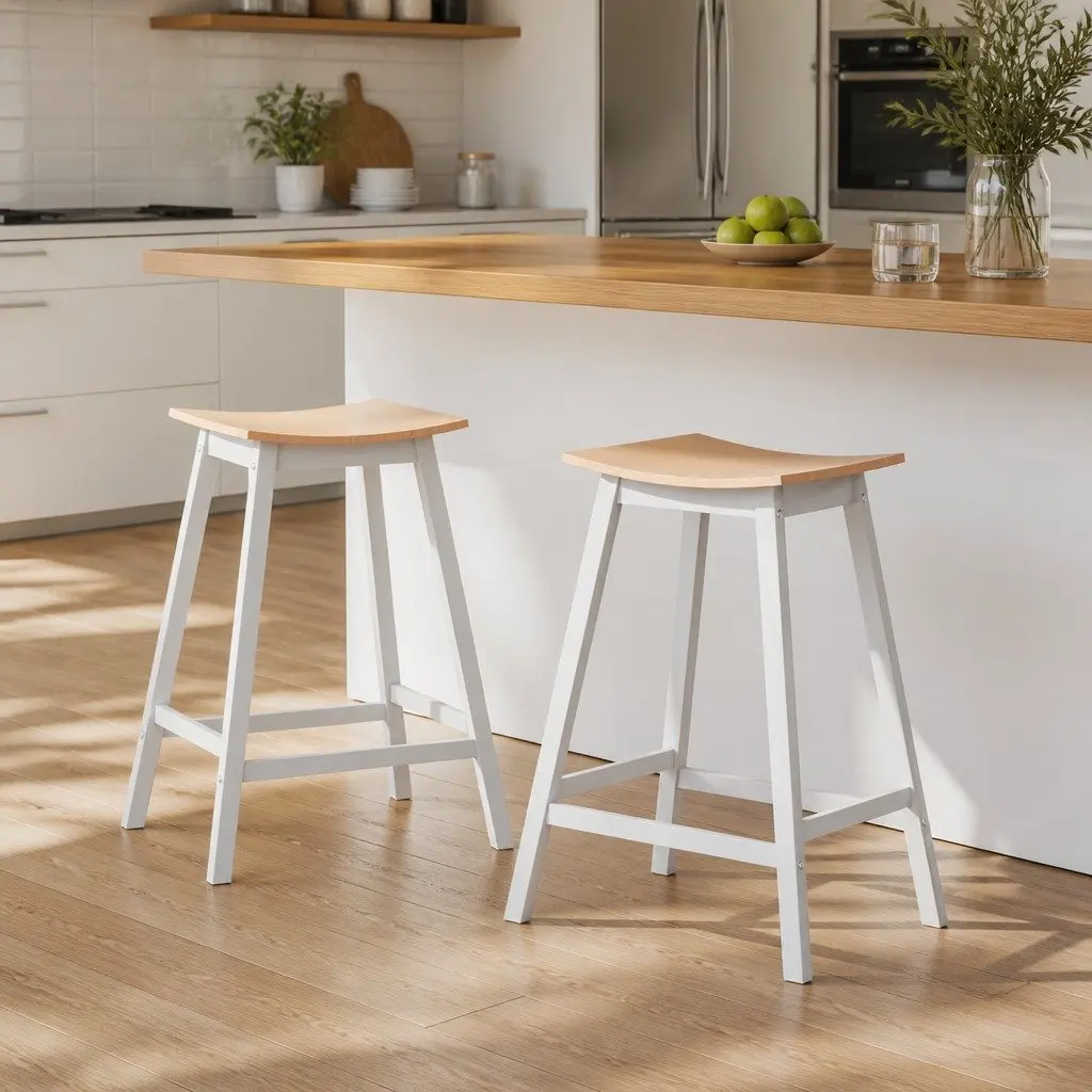 Bar Stools Pine and White 64cm Height Solid Wood Saddle Seat Set of 2