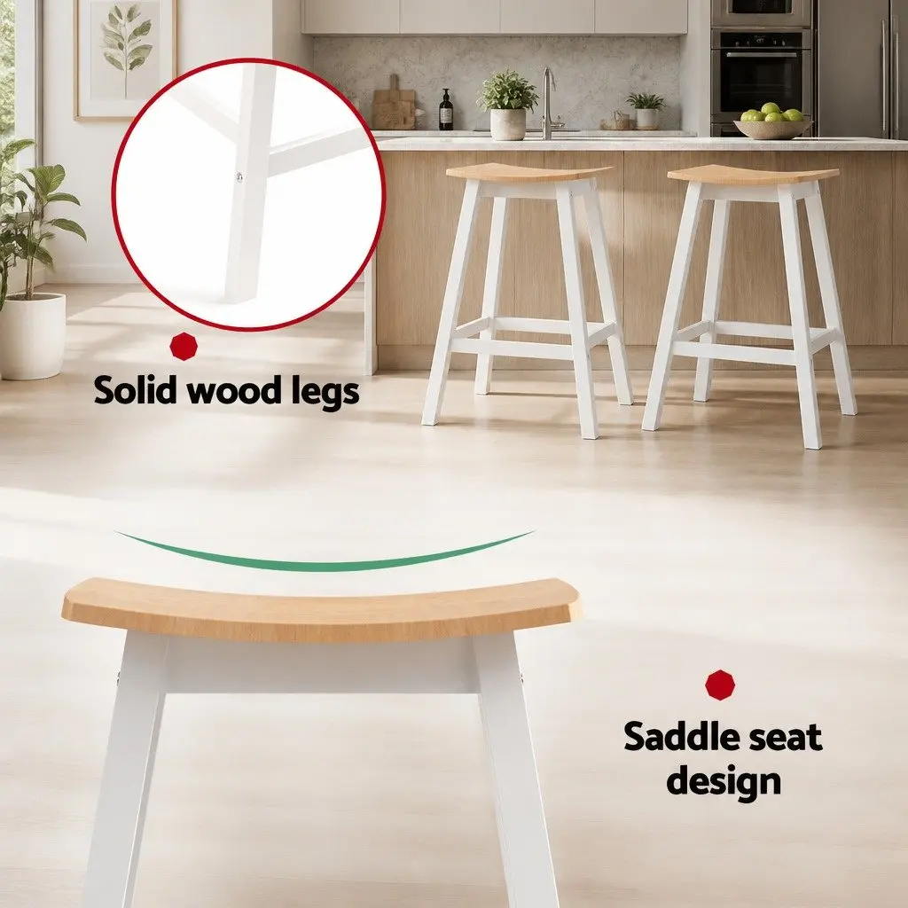 Bar Stools Pine and White 64cm Height Solid Wood Saddle Seat Set of 2