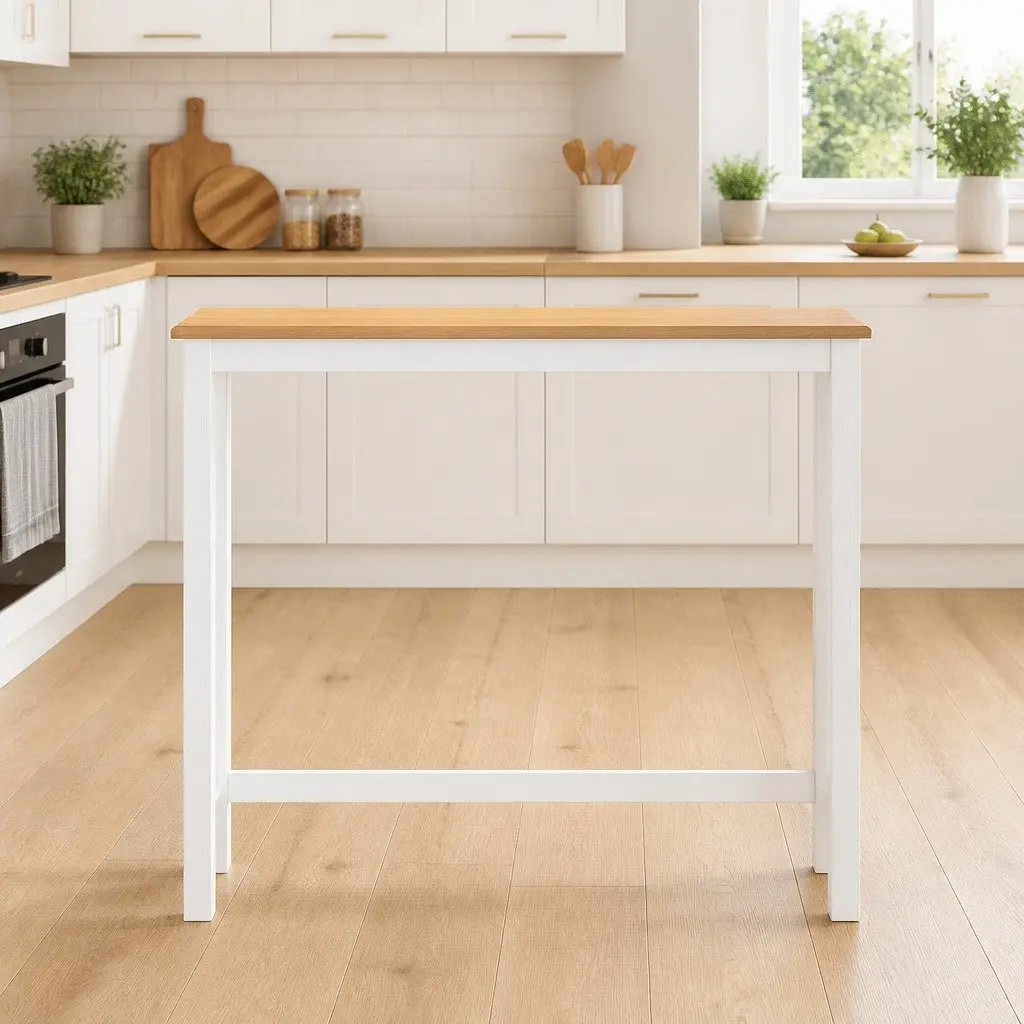 Bar Table Pine & White 108cm Rectangular Dining Kitchen Pub Counter Height Solid Pinewood Construction