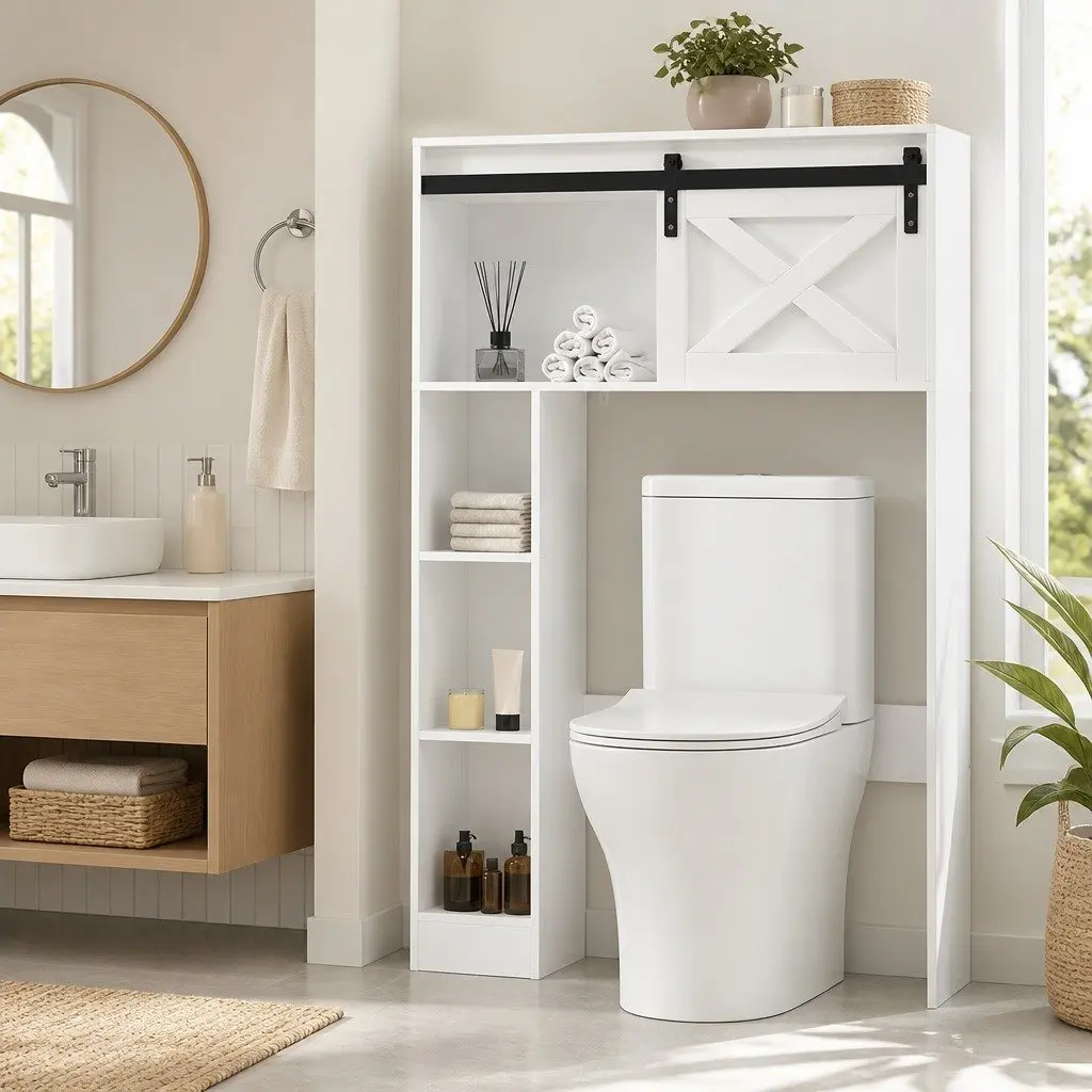 Bathroom Storage Cabinet White 3-Tier Open Shelves Sliding Door
