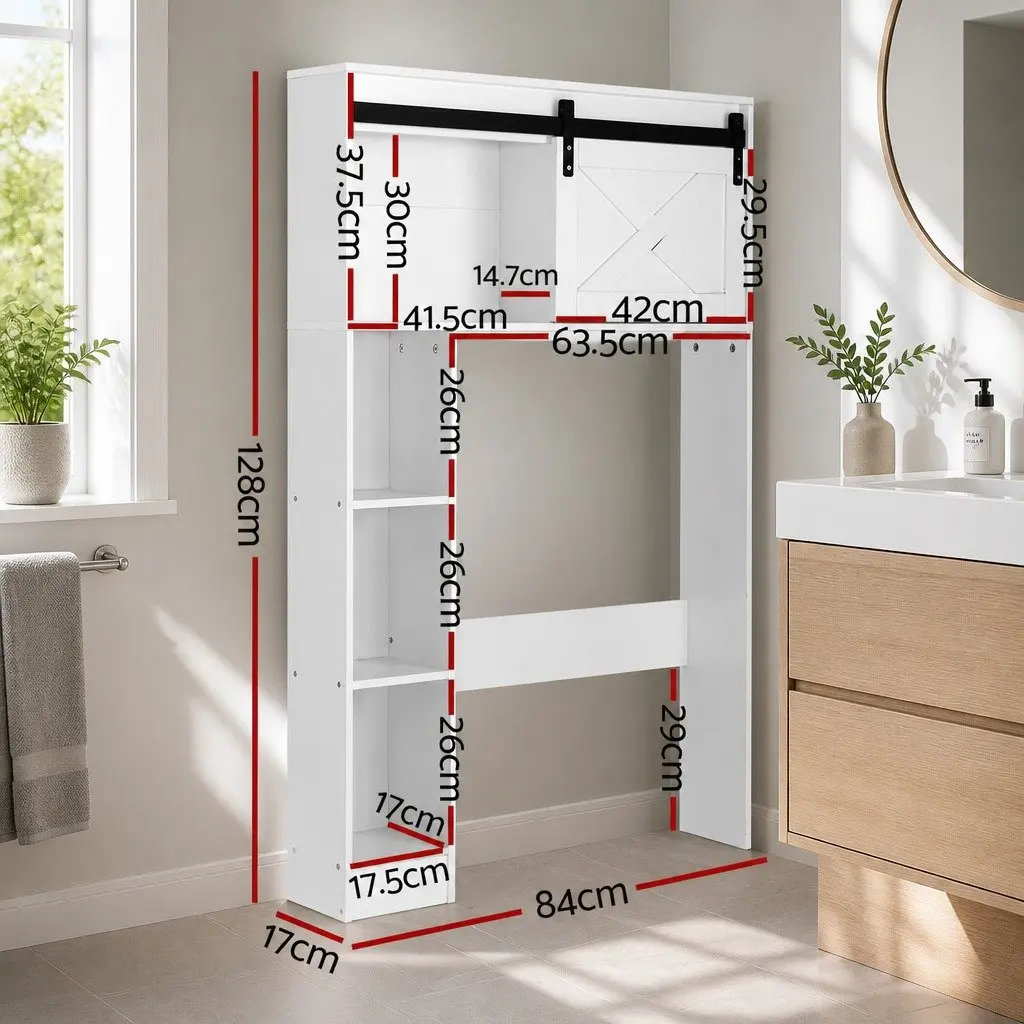 Bathroom Storage Cabinet White 3-Tier Open Shelves Sliding Door