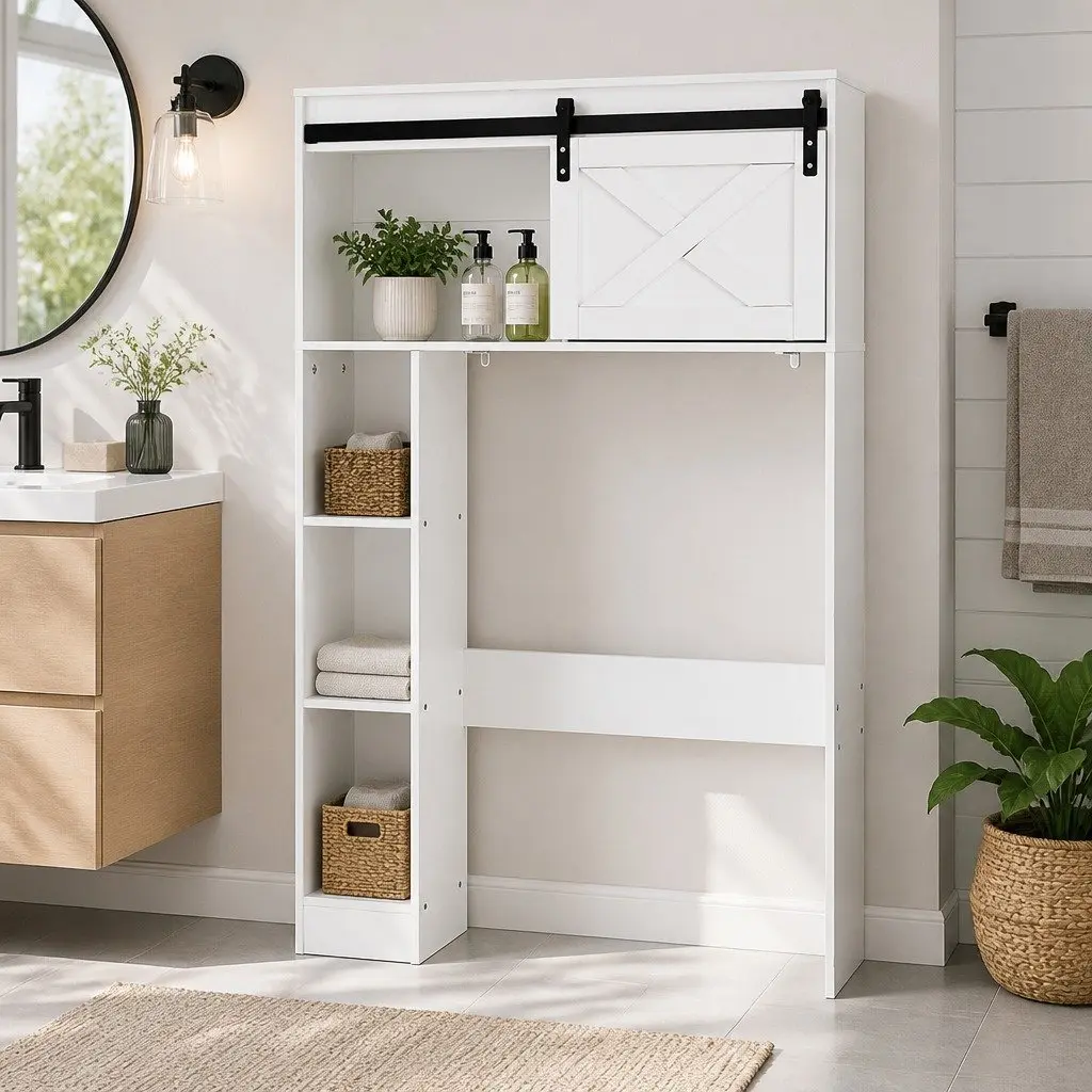 Bathroom Storage Cabinet White 3-Tier Open Shelves Sliding Door