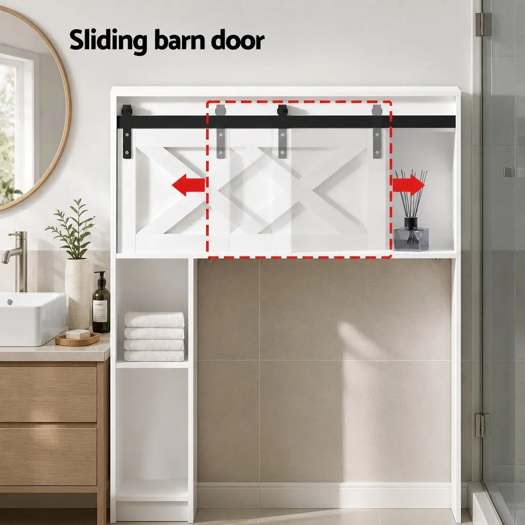 Bathroom Storage Cabinet White 3-Tier Open Shelves Sliding Door