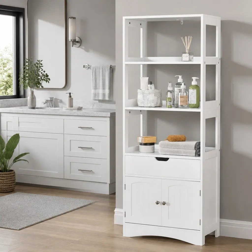 Bathroom Storage Cabinet White 60cm x 33cm x 154cm 2 Drawers 3 Open Shelves 2 Doors