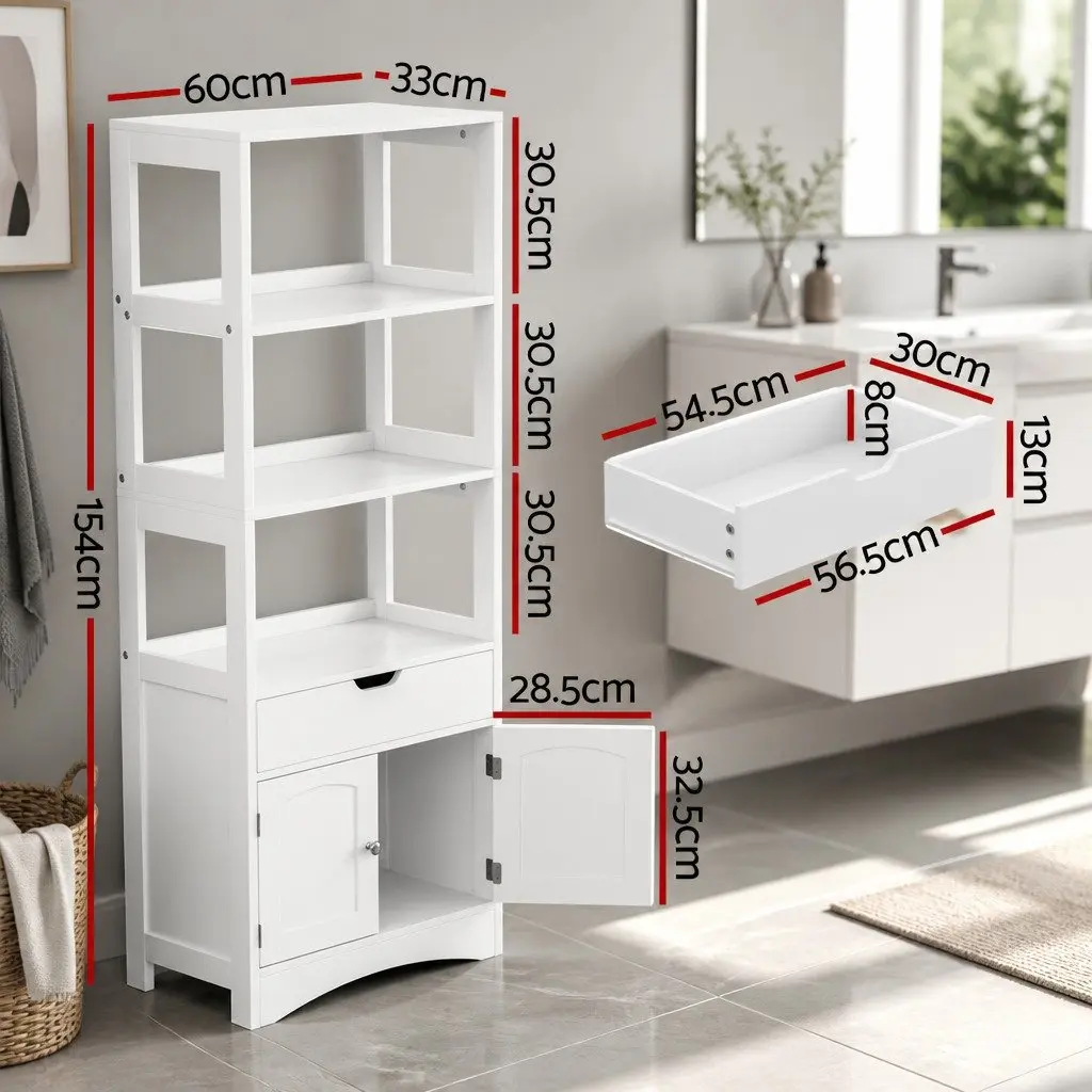 Bathroom Storage Cabinet White 60cm x 33cm x 154cm 2 Drawers 3 Open Shelves 2 Doors
