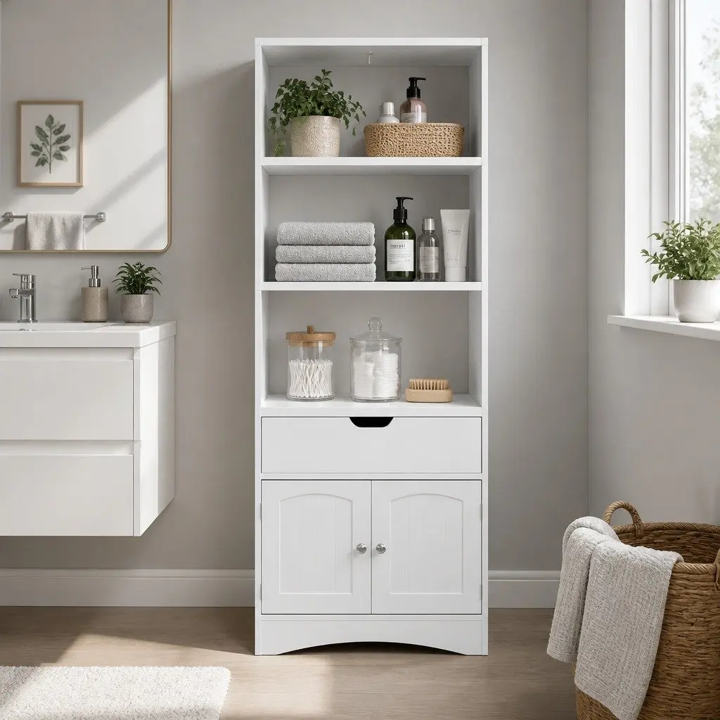 Bathroom Storage Cabinet White 60cm x 33cm x 154cm 2 Drawers 3 Open Shelves 2 Doors