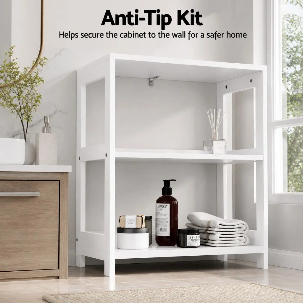 Bathroom Storage Cabinet White 60cm x 33cm x 154cm 2 Drawers 3 Open Shelves 2 Doors
