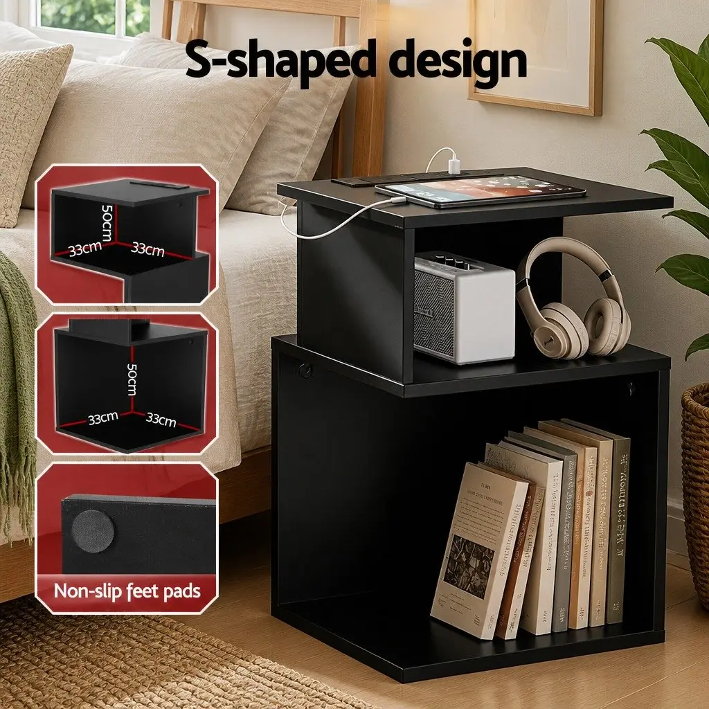 Bedside Table Black S-Shaped 2 Shelves Integrated Charging Station