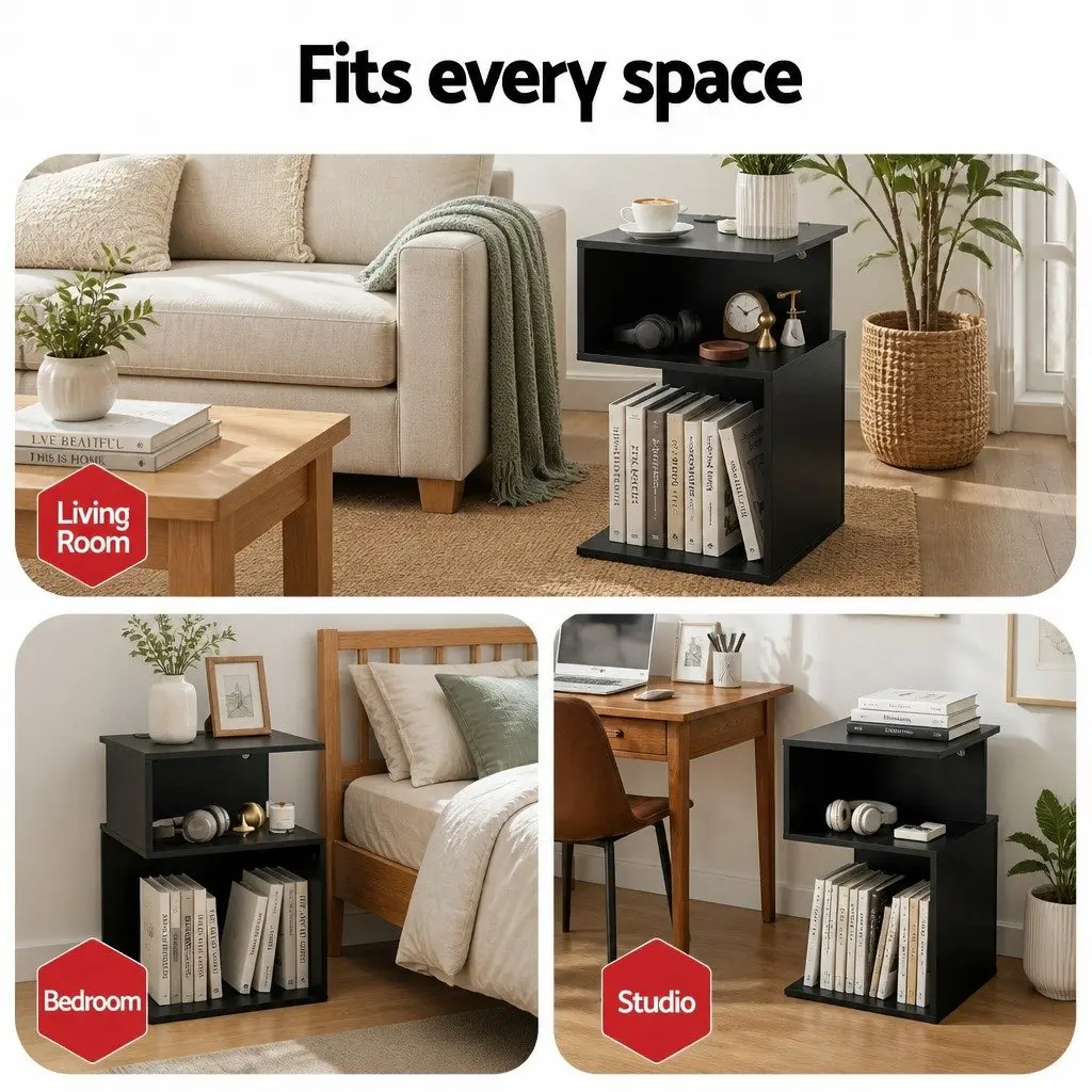 Bedside Table Black S-Shaped 2 Shelves Integrated Charging Station