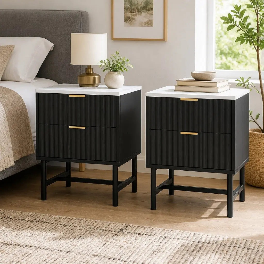 Bedside Table Black White 2 Drawers Bedroom Storage Nightstand