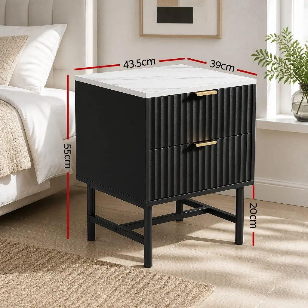 Bedside Table Black White 2 Drawers Bedroom Storage Nightstand